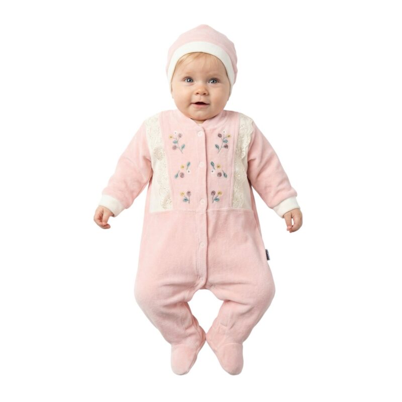 Annora Baby βελουτέ φορμάκι με σκουφάκι «Pink Lace»