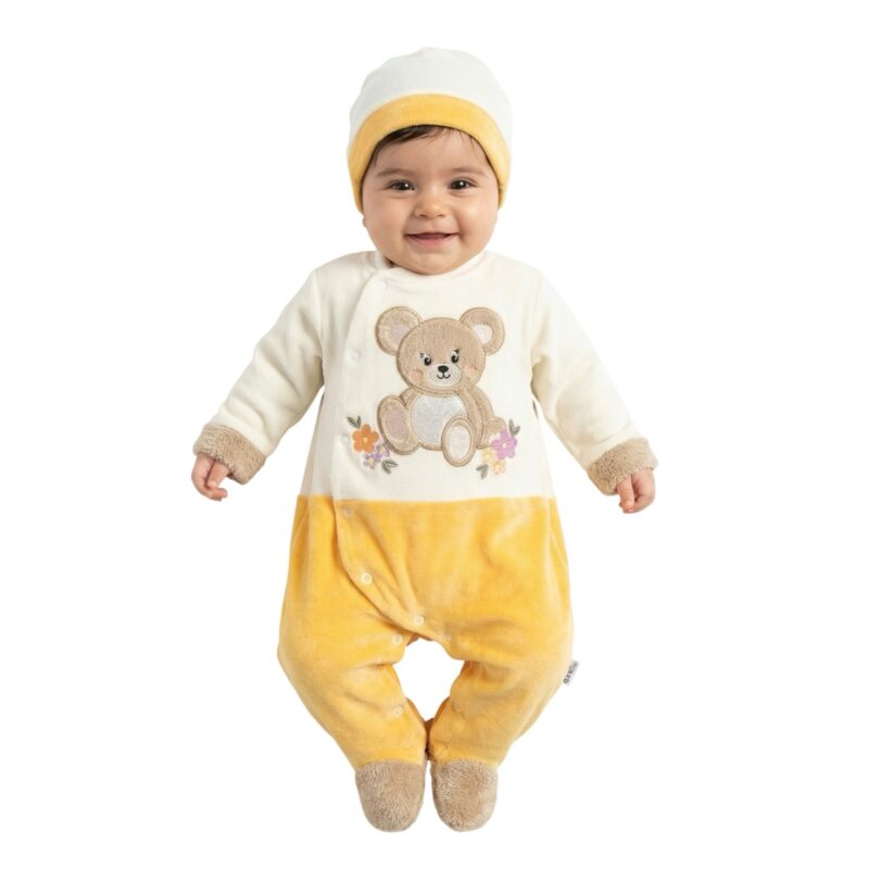 Esa Baby ολόσωμο βελουτέ φορμάκι με σκουφάκι «Orange Teddy Baby»