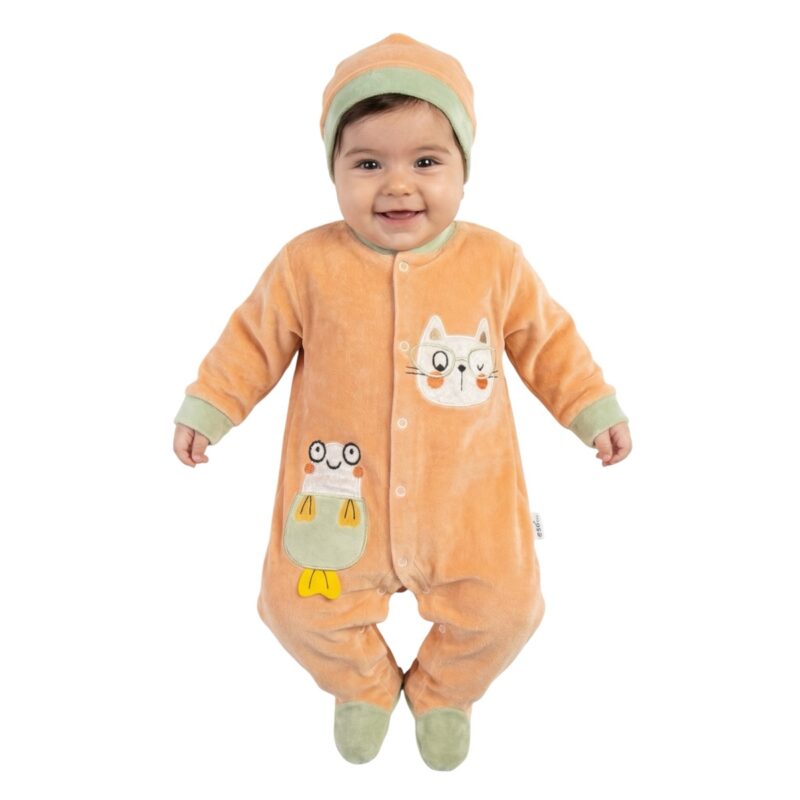 Esa Baby ολόσωμο βελουτέ φορμάκι με σκουφάκι «Salmon Kitten and Goldfish»