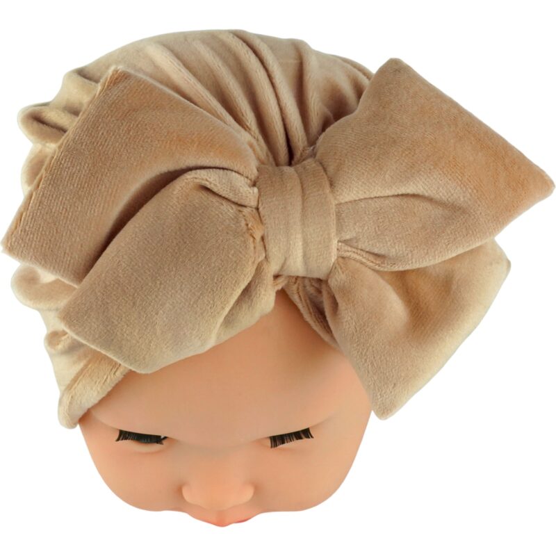 Cap & More βελουτέ τουρμπάνι με μεγάλο φιόγκο «Beige Velour»