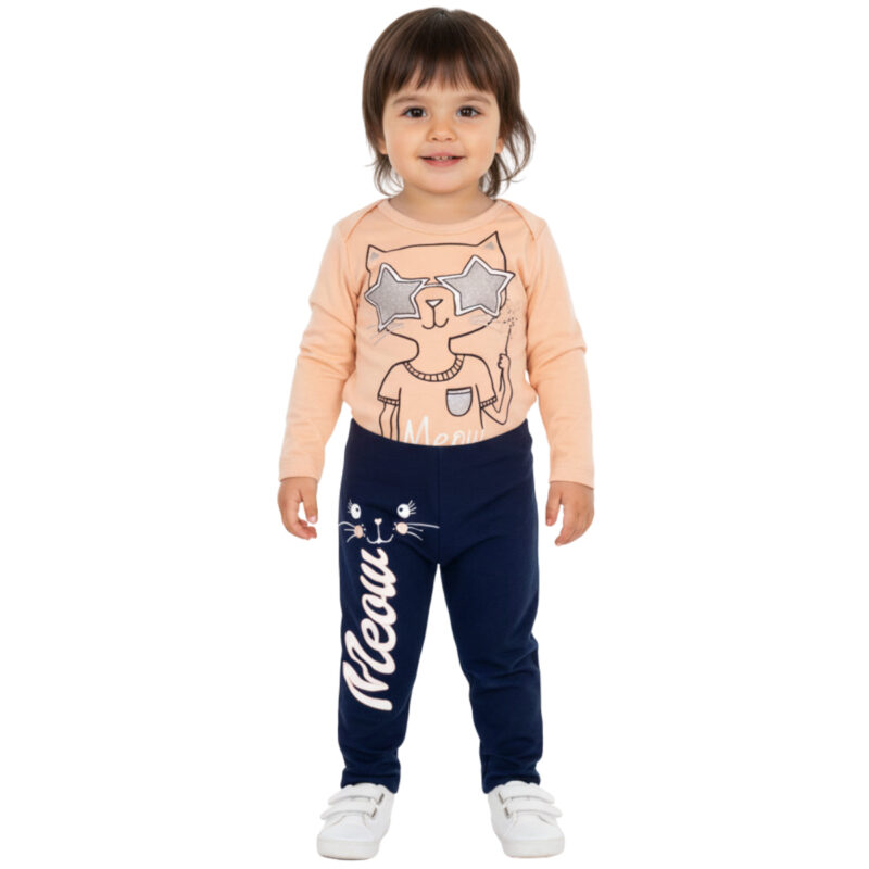 Baby Wood σετ από λεπτό ύφασμα κορμάκι και παντελόνι «Meowww»