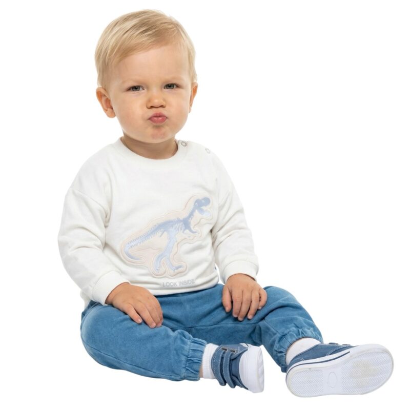 Baby Buu σετ μπλούζα και παντελόνι τζιν από λεπτό ύφασμα «Reflector Ecru Dinosaur»
