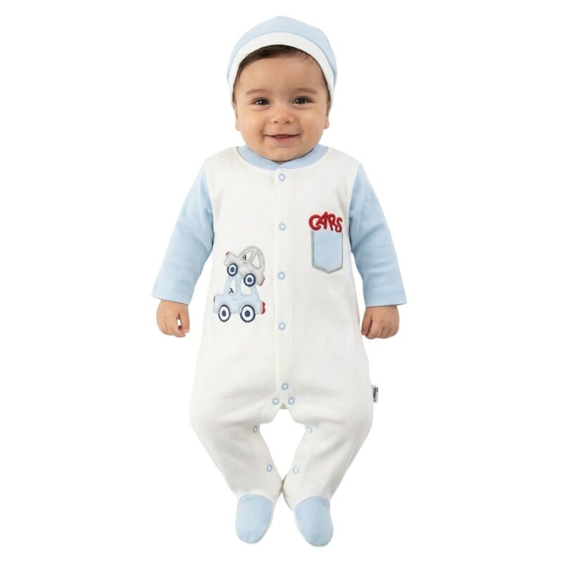 Annora Baby λεπτό ολόσωμο φορμάκι και σκουφάκι «Blue Cars»