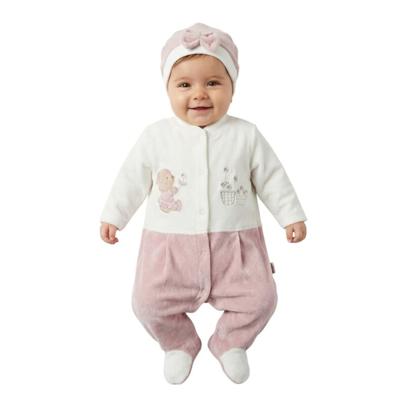 Annora Baby ολόσωμο βελουτέ φορμάκι με σκουφάκι «Lovely Purple Teddy»