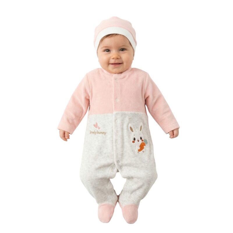 Efilix Baby ολόσωμο βελουτέ φορμάκι με σκουφάκι «Lovely Salmon Bunny»