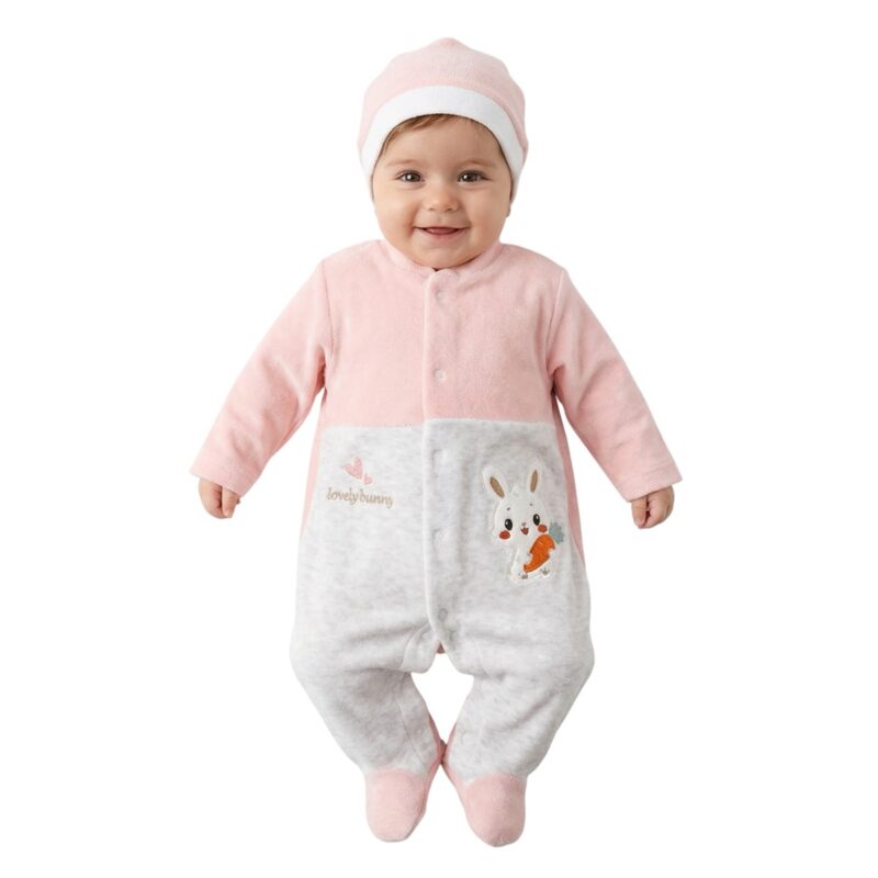 Efilix Baby ολόσωμο βελουτέ φορμάκι με σκουφάκι «Lovely Pink Bunny»