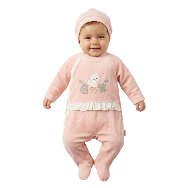 Annora Baby ολόσωμο βελουτέ φορμάκι με σκουφάκι «Salmon Kitten»