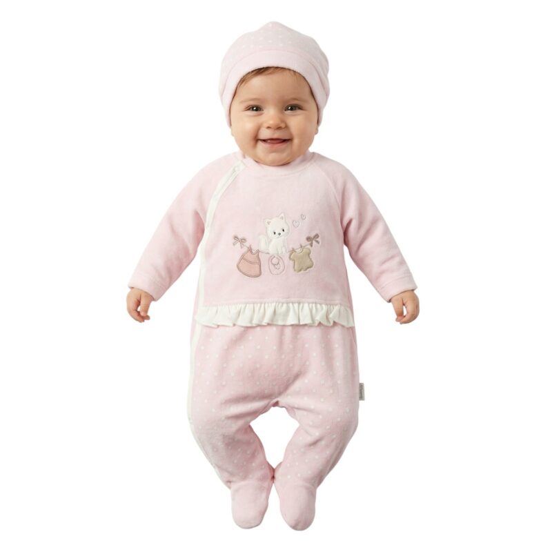 Annora Baby ολόσωμο βελουτέ φορμάκι με σκουφάκι «Pink Kitten»