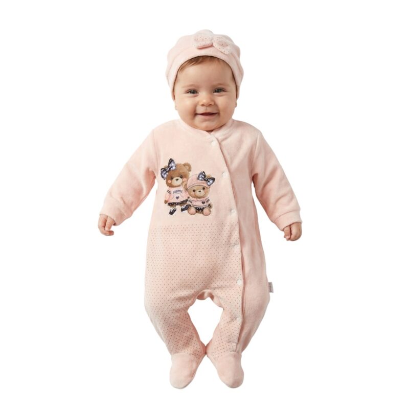Annora Baby ολόσωμο βελουτέ φορμάκι με σκουφάκι «Little Ones in Salmon»