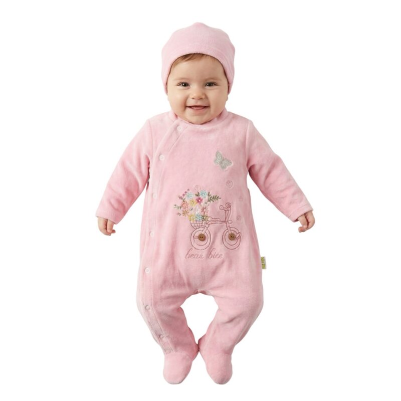 Pera Bebe ολόσωμο βελουτέ φορμάκι με σκουφάκι «Lovely Pink Teddy»