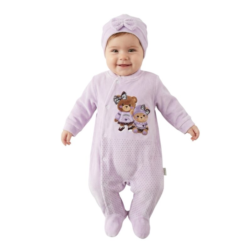 Annora Baby ολόσωμο βελουτέ φορμάκι με σκουφάκι «Little Ones in Purple»