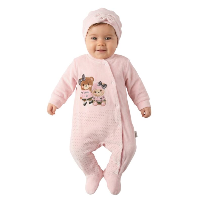 Annora Baby ολόσωμο βελουτέ φορμάκι με σκουφάκι «Little Ones in Pink»