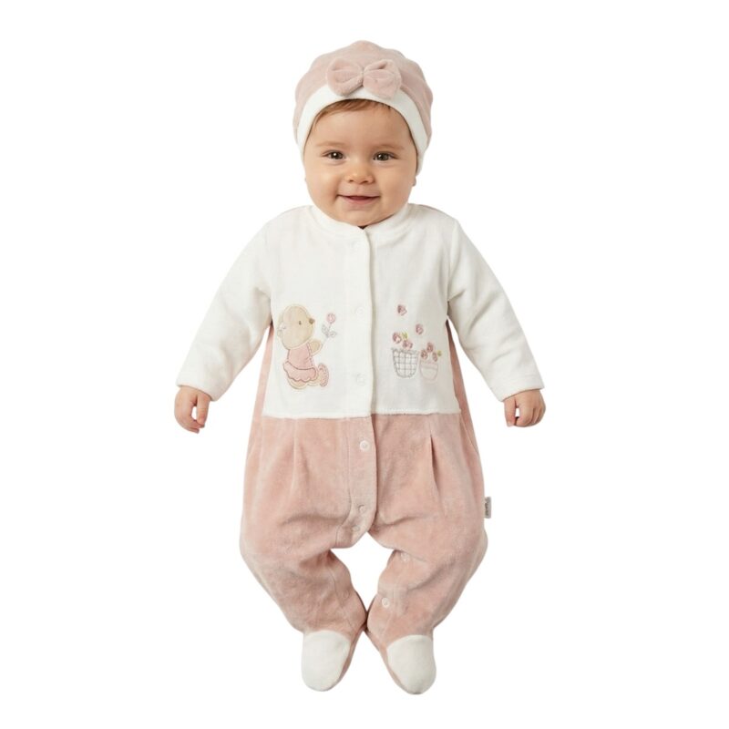 Annora Baby ολόσωμο βελουτέ φορμάκι με σκουφάκι «Salmon Pink Teddy»