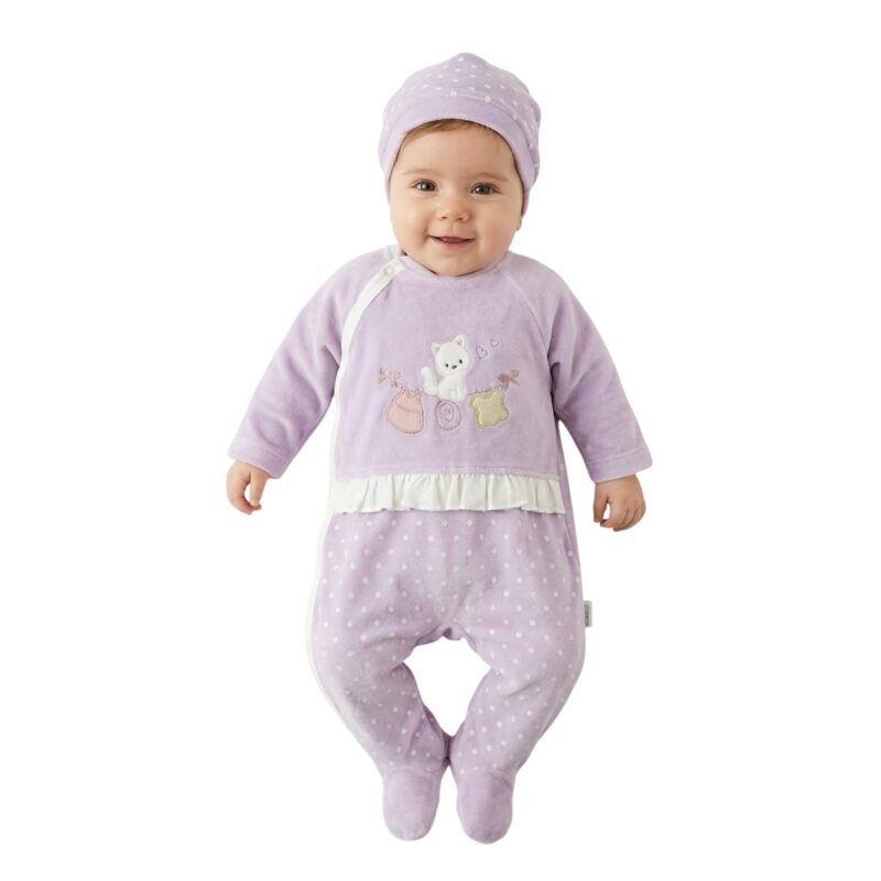 Annora Baby ολόσωμο βελουτέ φορμάκι με σκουφάκι «Purple Kitten»