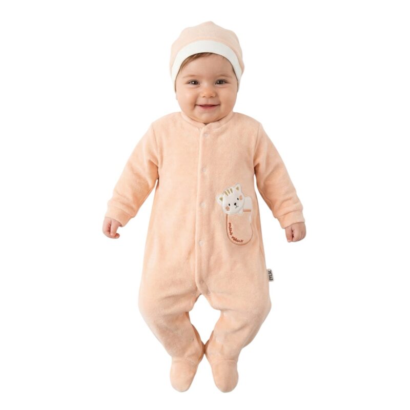 Efilix Baby ολόσωμο βελουτέ φορμάκι με σκουφάκι «Mini Meow»