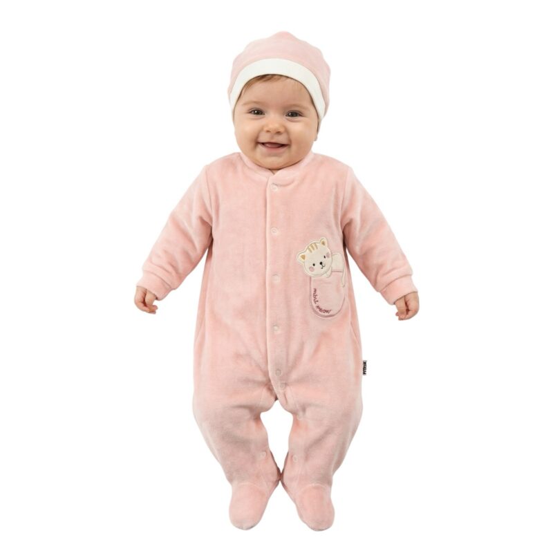 Efilix Baby ολόσωμο βελουτέ φορμάκι με σκουφάκι «Mini Pink Meow»
