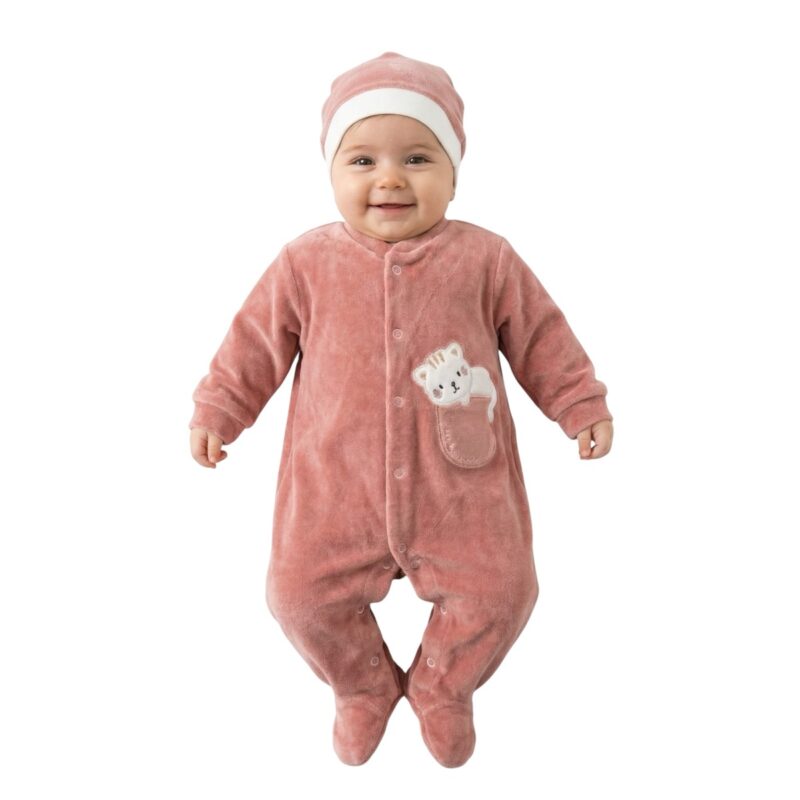 Efilix Baby ολόσωμο βελουτέ φορμάκι με σκουφάκι «Mini Salmon Meow»