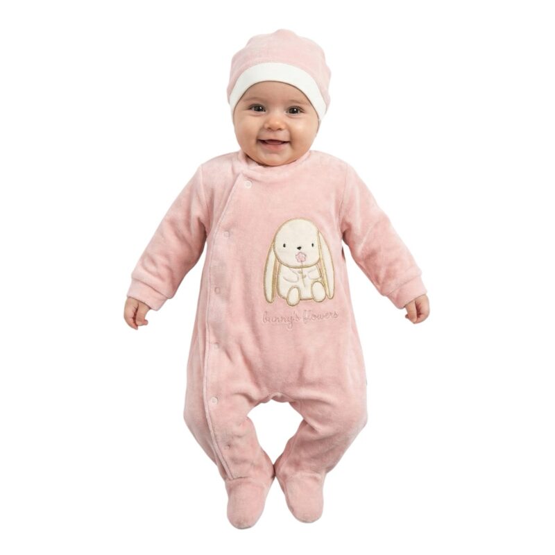 Efilix Baby ολόσωμο βελουτέ φορμάκι με σκουφάκι «Bunny’s Flowers»