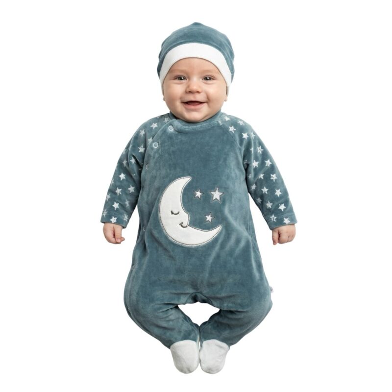 Annora Baby ολόσωμο βελουτέ φορμάκι με σκουφάκι «Blue Moon»