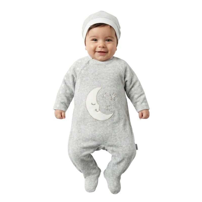 Annora Baby ολόσωμο βελουτέ φορμάκι με σκουφάκι «Gray Moon»