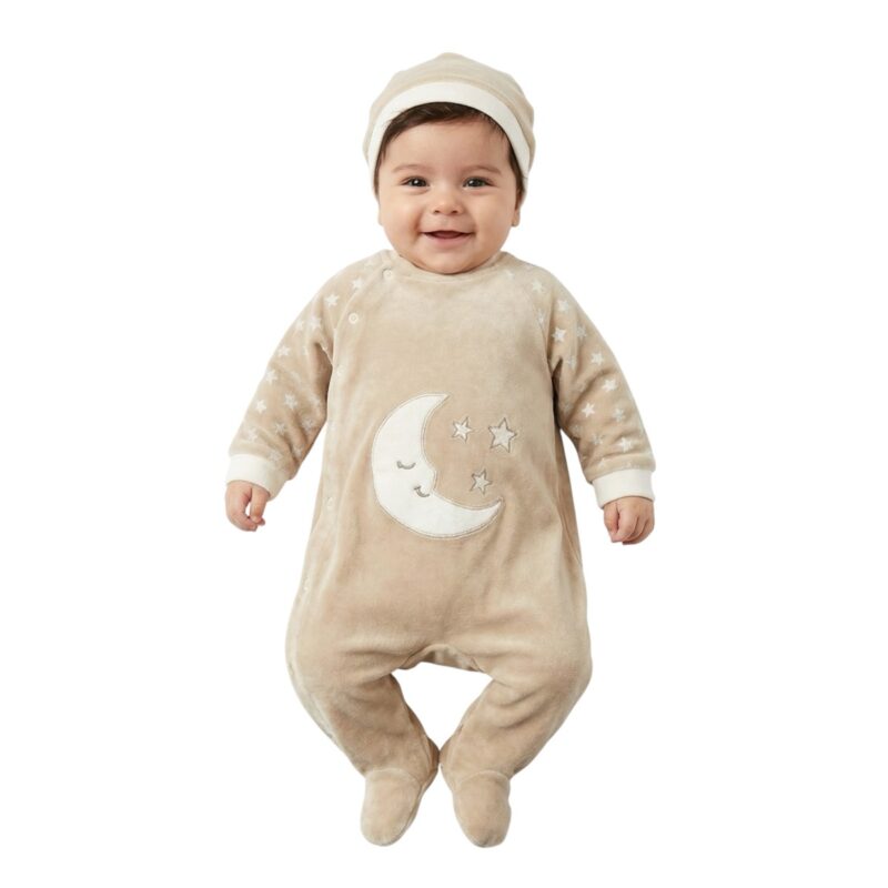 Annora Baby ολόσωμο βελουτέ φορμάκι με σκουφάκι «Beige Moon»