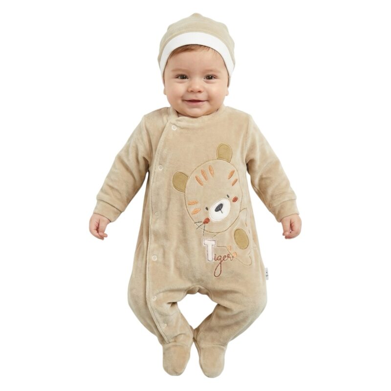Efilix Baby ολόσωμο βελουτέ φορμάκι με σκουφάκι «The Beige Tiger»