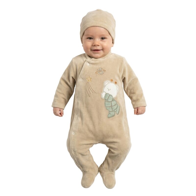 Pera Bebe ολόσωμο βελουτέ φορμάκι με σκουφάκι «Space Beige Teddy»