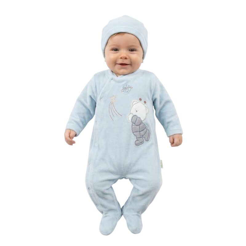 Pera Bebe ολόσωμο βελουτέ φορμάκι με σκουφάκι «Space Blue Teddy»