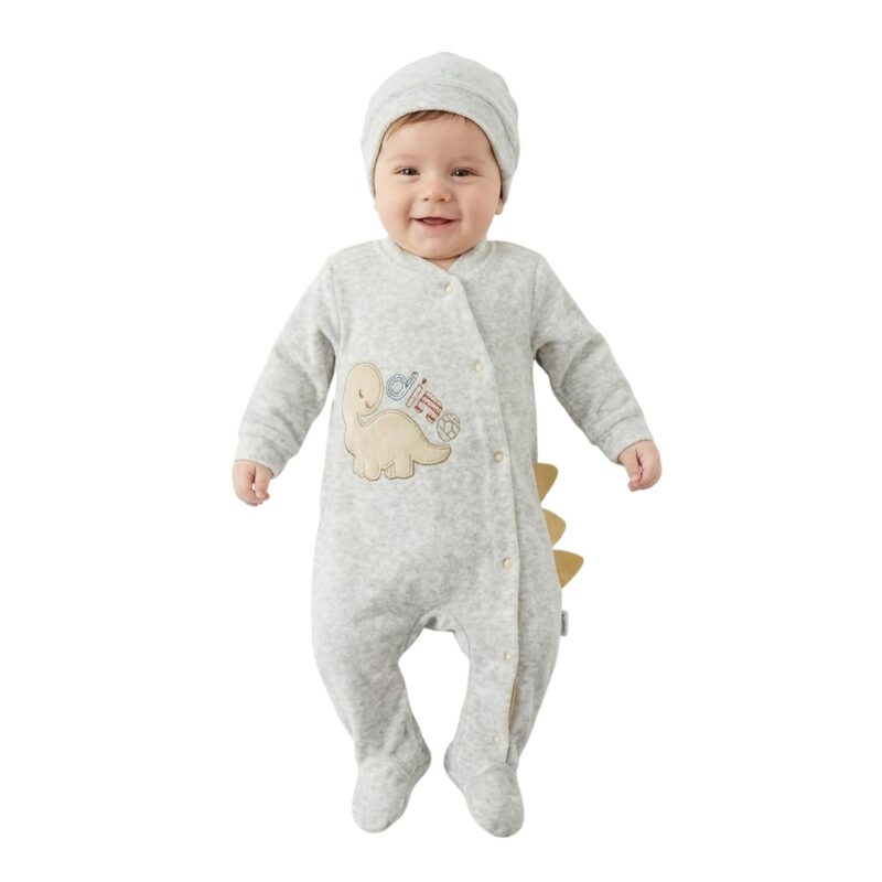 Annora Baby ολόσωμο βελουτέ φορμάκι με σκουφάκι «Grey Dino»