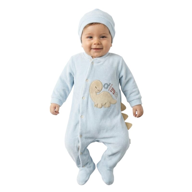 Annora Baby ολόσωμο βελουτέ φορμάκι με σκουφάκι «Blue Dino»