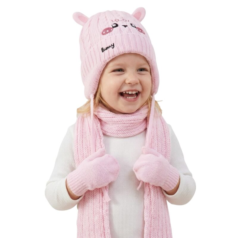 Recos πλεκτό σετ σκούφος-κασκόλ-γάντια «Pink Bunny»